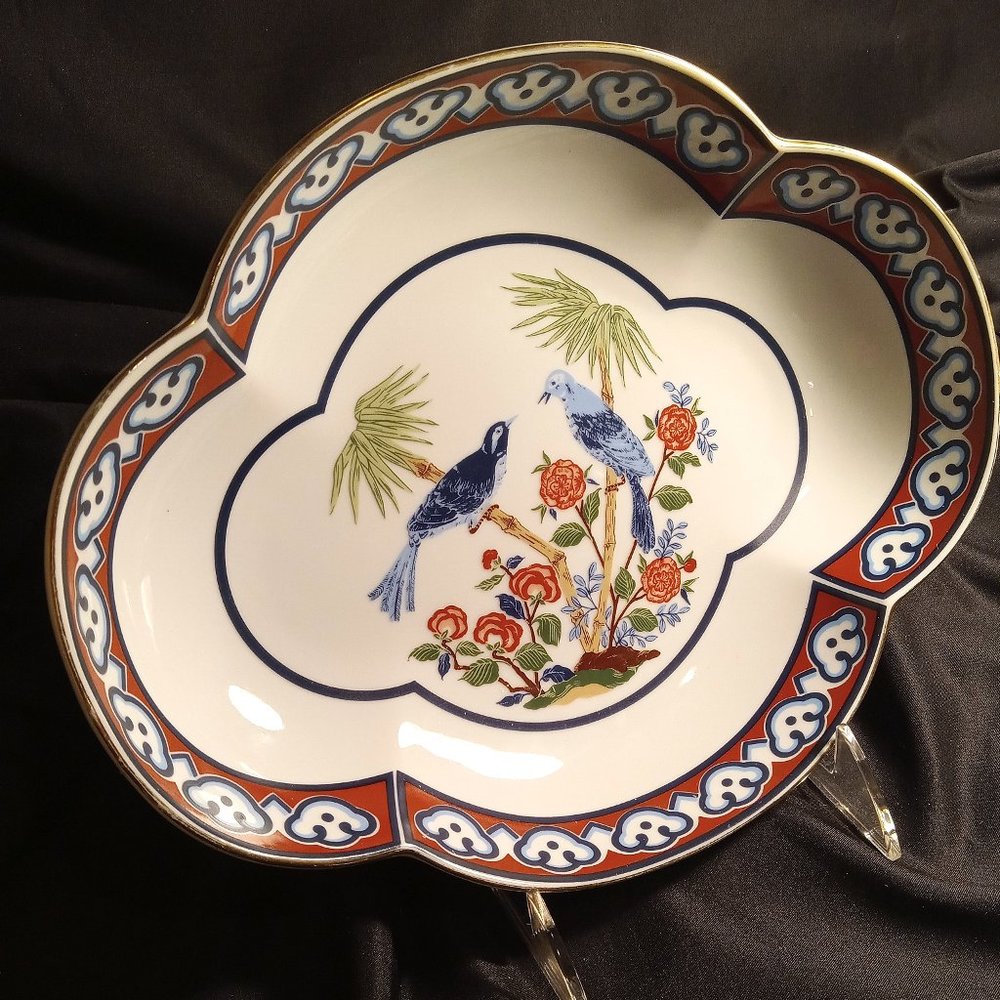 RARE FIND MIKADO UNIQUE OVAL BOWL BY TASTER SELLER SIGMA WITH BLUE BIRDS & PALMS